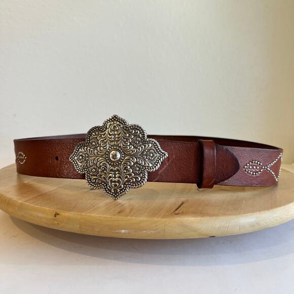 Fossil Brown Genuine Leather Silver Studded Indie Chunky Buckle Belt Size Medium main image 9